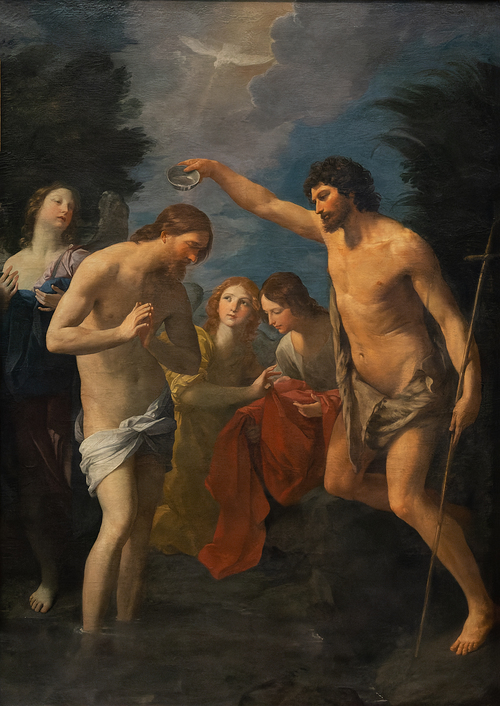 Christus lässt sich durch Johannes taufen und wird durch Gott als sein geliebter Sohn offenbart. Gemälde von Guido Reni (1575-1642)